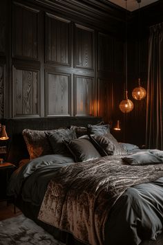 a large bed sitting in a bedroom next to two lamps on either side of it