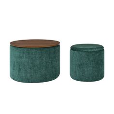 two green velvet stools with wooden top and one in the shape of a round