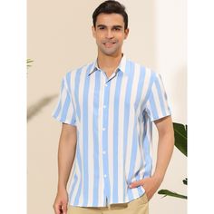 The summer-beach shirt features a color block and a stripe design, it is fashionable. Made of soft and breathable fabric, this shirt gives you a comfortable experience in summer. Pair the stripe beach shirt with casual pants or board shorts for a summer casual look. Available in multiple colors, it is a wardrobe necessity for summer. It is also and a good choice for vacation. Mens Striped Shorts, Block Button, Striped Short Sleeve Shirt, Mens Stripes, Beach Shirt, Beach Shirts, Mens Crew Neck, Design Fashion, Striped Shorts