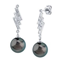 These fine earrings feature 11mm Tahitian South Sea pearls, handpicked for their incredible luster and overtones. The pearls are mounted on the finest 18K gold with dazzling SI clarity diamonds. These earrings come packaged in a beautiful jewelry gift box, perfect for gifting. Tahitian Pearl Earrings In White Gold For Formal Occasions, Formal Tahitian Pearl Earrings In White Gold, Luxury Tahitian Pearl Earrings In White Gold, Luxury Tahitian Pearl Earrings For Anniversary, Luxury Tahitian Pearl Wedding Earrings, Elegant Tahitian Pearl Earrings For Formal Occasions, Elegant Tahitian Pearl Drop Earrings, Elegant White Gold Tahitian Pearl Earrings, Pearl Trend