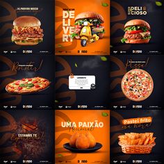 a series of advertising brochures with pizzas and food items on them in spanish