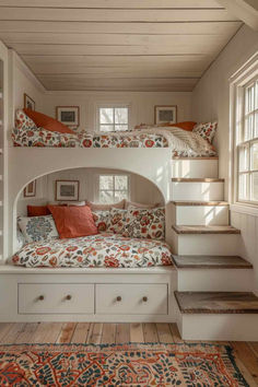 40 Amazing Bunk Room Ideas for Farmhouse Style Bunk Bed Cubby, Cottagecore Bunk Bed, Future Home Ideas Modern, Modern Cottage Guest Room, Attic Style Bedroom Ideas, Girls Bunk Bedroom Ideas, Toddler Bunk Bed Ideas, Bedroom Ideas For Kids 10-12, 3 Bed Bedroom