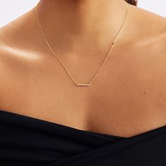 "1- P R O D U C T ∙  D E S C R I P T I O N Remember that diamonds are a girl's best friend when the diamond is too precious to wear. So keep our 14k real gold diamond bar necklace close, especially around your neck. 2- P R O D U C T ∙  D E T A I L S Diamond Quality: * Diamond carat: 0.10 ct. * Clarity: VS2 * Color: F-G * Cut: Excellent cut * Diamond type: Natural * Setting type: Prong setting Gold material: 14K solid gold Choice of gold color: Yellow gold, Rose gold, White gold * Chain length: Classic Bar Necklace With Diamond Accents For Gifts, Dainty Yellow Gold Diamond Bar Necklace, Minimalist Yellow Gold Bar Necklace With Diamond Accents, Everyday Yellow Gold Diamond Bar Necklace, Fine Jewelry Diamond Bar Necklace, Minimalist Diamond Accents Bar Necklace As Gift, Minimalist Diamond Accents Bar Necklace Gift, Minimalist Bar Necklace With Diamond Accents As Gift, Minimalist Bar Necklace With Diamond Accents For Gift