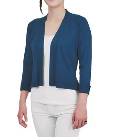 Women's 3/4 Sleeve Bolero Style Crop Cardigan | YEMAK Sweater Blue Fitted Casual Cardigan, Fitted Open Front Solid Color Cardigan, Casual Solid Color 3/4 Sleeve Cardigan, Blue Cropped Cardigan, Bolero Style, Blue Casual Cardigan With 3/4 Sleeves, Sleeve Bolero, Bolero Cardigan, Crop Cardigan