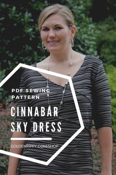 a woman wearing a black and white striped top with text overlay that reads, pdde sewing pattern cinnabar sky dress