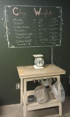 a chalkboard with a weight scale on it next to a table that is covered in plastic bags