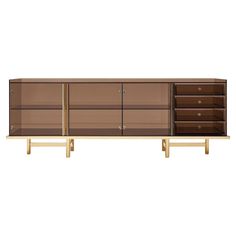 the sideboard is brown and gold with drawers