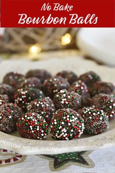 no bake bourbon balls on a plate with christmas lights in the background and text overlay