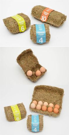 an egg carton made out of hay with eggs in it and labeled on the side