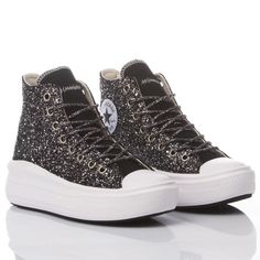 Sides with black glitter, back with silver star, black laminate shoelaces, white original shoelaces. &nbsp; Converse Move Platform, Converse All Star Move, Converse Move, Star Black, Chloe Purses, Converse Sneakers, Sneaker Wedge, Black Glitter, Converse All Star