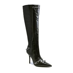 These stylish boots are the perfect addition to your wardrobe. Crafted from quality materials, they feature a knee high silhouette with elegant silver tone hardware for a luxe finish. They are perfect for the modern fashionista who wants to add a touch of class to their look. Size & Fit Heel height approx: 4" Boot height approx: 14.25" Boot entry circumference approx: 16.25" Calf circumference approx: 12" All measurements are made on a size 6. There may be a slight measurement variation based on Modern Black Knee-high Boots For Night Out, Trendy Knee-high Formal Boots, Edgy Knee-high Heeled Boots For Work, Glamorous Leather Knee-high Boots For Evening, Sleek Wide Calf Knee-high Boots For Party, Edgy Wide Calf Boots For Night Out, Sleek Wide Calf Boots For Party, Glamorous Knee-high Heeled Boots For Formal Occasions, Sleek Wide Calf Party Boots