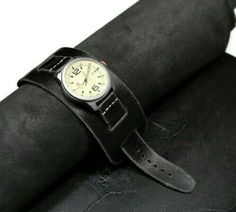 Handmade Leather wide cuff watchband, Bund band Black steampunk military strap | eBay Vintage Black Watch Accessories With Leather Strap, Handmade Black Watch For Everyday Use, Handmade Black Watches For Everyday Use, Vintage Waxed Finish Watch Bands As Gift, Vintage Watch Bands With Waxed Finish, Black Cuff Watch Band For Gift, Black Cuff Watch Bands For Gift, Black Cuff Watch Bands As Gift, Black Cuff Watch Band As Gift