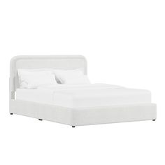 a bed with white linens and pillows on top of the headboard, in front of a white background