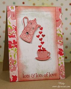 a card with a pink coffee cup and hot chocolate on it that says jos & lots of love