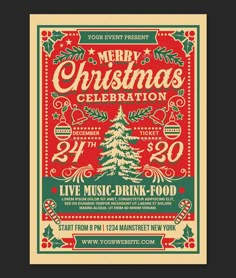 a christmas celebration flyer with a tree on it