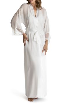 V-neck Robe With Lace Trim For Wedding Night, Fitted Robe With Lace Sleeves For Wedding Night, Fitted Wedding Night Robe With Lace Sleeves, White Kimono With Lace Trim, Fitted Lace Robe With Lace Trim, Fitted Lace Robe With Sheer Details, Fitted Sheer Lace Robe, Fitted Long Sleeve Lace Robe, Fitted Lace Trim Robe For Daywear