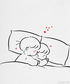 a drawing of a child sleeping in bed with hearts coming out of the pillow and sheets