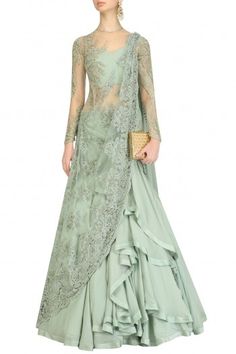 Gaurav Gupta  Apple Green Embroidered Lehenga Sari  #happyshopping #shopnow #ppus Gaurav Gupta Gowns, Lehenga Sari, Gaurav Gupta, Saree Lehenga, Chique Outfits, Embroidered Lehenga, Indian Gowns