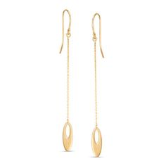 Smart and chic, these drop earrings are certain to be noticed. Created in 14K gold, each sleek earring features a petite open oval drop that dangles from a shimmering length of chain. Polished to a bright shine, these earrings suspend from French wire backs. Formal Linear Earrings With Delicate Chain And Long Drop, Minimalist 14k Gold Oval Link Earrings, Formal Long Drop Earrings With Delicate Chain, Minimalist Oval Link Earrings For Formal Occasions, Modern 14k Gold Teardrop Linear Earrings, Classic 14k Gold Threader Earrings For Formal Occasions, Elegant Yellow Gold Linear Earrings With Delicate Chain, Yellow Gold Drop Threader Earrings For Formal Occasions, Formal 14k Gold Drop Threader Earrings