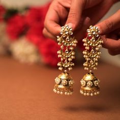 Kundan Earrings - Zevar by Geeta Pearl Jhumkas, Ear Tops, Indian Jewelry Earrings, Indian Jewellery Design Earrings, Jewellery Silver, Kundan Earrings