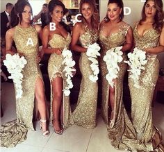 the bridesmaids are wearing gold sequins and flower bouquets in their dresses