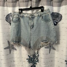 Bnwot Super Cute For Summer Or A Festival! Summer Jean Shorts With Rhinestone Fringe, High Waist Bottoms With Rhinestone Fringe For Summer, Summer Casual Bottoms With Rhinestone Fringe, Casual Summer Bottoms With Rhinestone Fringe, Casual Short Bottoms With Rhinestone Fringe, Casual Rhinestone Fringe Shorts, Casual Rhinestone Fringe Short Bottoms, Summer Rhinestone Fringe Short Bottoms, Rhinestone Jean Shorts