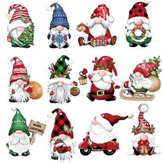 twelve christmas gnomes with different hats and decorations