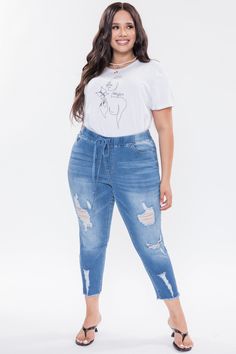 Junior Plus Size High Rise Denim Ankle Jogger Ep961124 Mid-rise Jeans With Drawstring For Spring, Spring Mid-rise Jeans With Drawstring, Girls Jeans Fashion, Ymi Jeans, Jeans Store, All Jeans, L And Light, Fashion Joggers, High Rise Denim