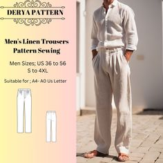 Men's Linen Trousers Pattern Sewing, Linen trousers Pattern,Summer Men's Trousers, for men ,available as an instant download (pdf) sewing pattern bundle with a range of size options, including plus sizes  Standard Sizes ;36,38,40,42,44,46,48, 48, 50, 52, 54,56 These patterns are suitable for A0- A4, and US Letter size papers. As soon as your payment is processed, you will automatically receive download links for the pattern files. *PLEASE NOTE that you will only be able to download the files fro Trousers Pattern For Men, Men’s Sewing Patterns, Men Trousers Pattern, Mens Summer Trousers, Linen Pants Pattern, Sewing Linen, Italy Clothes, Linen Trousers Men, Men Pants Pattern