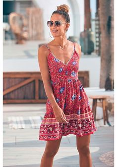 The playful floral prints on this V-neck dress make it perfect for a day out! Women's Summer Dresses, Summer Dresses Online, Women's Wear, Dress Red, V Neck Dress, Summer Dresses For Women, Dresses For Women, Dress Making, Dresses Online