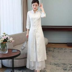 Women Set Chinese Slim Qi Pao Dance Dress Retro Embroidery Long Dress+pants 2PCS | eBay Fitted Cotton Sets With Stand Collar, White Full Length Spring Sets, White Full-length Spring Sets, Long Sleeve Cotton Ao Dai For Spring, Spring Cotton Long Sleeve Ao Dai, Spring Long Sleeve Cotton Ao Dai, Fitted Long Sets For Summer, Spring Fitted Sets With Stand Collar, Fitted Spring Sets With Stand Collar