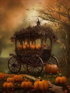 a horse drawn carriage filled with pumpkins in a forest next to trees and leaves