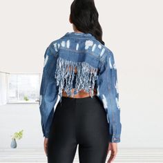 Find ideas๏ฟฝand inspiration for Women's Ripped washed fringed denim jacket, Womens jacket Denim Style Casual, Womens Ripped Jeans, Estilo Denim, Womens Windbreaker, Blue Coat, Blue Jean Jacket, Uniform Fashion, Turndown Collar, Denim Jacket Women