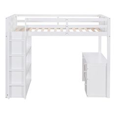 white loft bed with desk and drawers on the bottom bunk, isolated against a white background