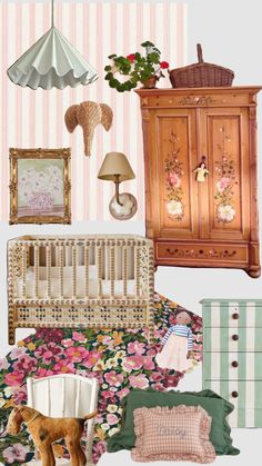 a baby's room with pink and green striped wallpaper, floral bedding, an antique crib, lamp, dresser, and stuffed animal