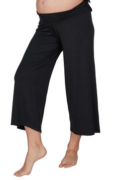 A high wide waistband supports your bump and postpartum figure in these supersoft ankle pants finished with breezy legs. 96% lyocell, 4% elastane Machine wash, dry flat Imported Comfortable Relaxed Fit Cropped Bottoms, Relaxed Fit Cropped Leg Comfortable Bottoms, Versatile Cropped Leg Loungewear Bottoms, Versatile Relaxed Fit Capris For Loungewear, Versatile Wide Leg Elastane Pants For Loungewear, Chic Straight Leg Yoga Pants For Loungewear, Comfortable Black Bottoms For Spring, Versatile Yoga Pants With Elastic Waistband For Workwear, Versatile Elastane Yoga Pants For Work