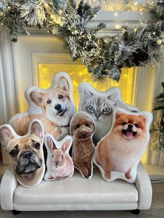 four dogs and three cats sitting on a couch with christmas decorations in the back ground