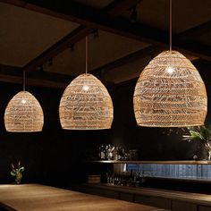 Bamboo Cloche Hanging Light Kit - Tropical Pendant Lighting Fixture (1 Head 14/18 Wide) Beige / 14 Pendulum Lights, Bamboo Ceiling, Basket Lighting, Bamboo Shades, Pendant Light Shades, Semi Flush Lighting, Hanging Fixture, Reno Ideas, Balcony Ideas