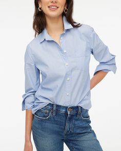 Factory: Signature-fit Button-up Shirt In End-on-end Cotton For Women Womens Button Up Shirt, Button Ups, J Crew Style, Tie Neck Tops, Grey Plaid, Cotton Poplin Shirt, Ruffle Shirt, Jcrew Women, Poplin Shirt