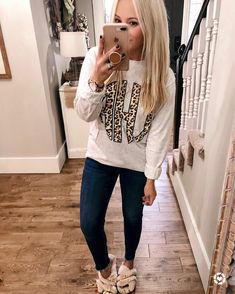 Monogrammed T-shirt + jeans Casual Fall Outfit, 2019 Style, Cozy Slippers, Monogram T Shirts, Faux Fur Slippers, Fall Winter Wardrobe, Fur Slippers, Slippers Cozy, Clothes Style