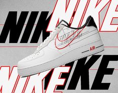 a pair of nike air force sneakers with red and black lettering on the upper half