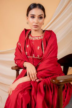 Red anarkali with floral embroidered motifs and pleated detailing. Paired with dupatta and jacket.
Component: 3
Pattern: Embroidered
Type Of Work: Floral motifs
Neckline: Round
Sleeve Type: Full sleeves
Fabric: Muslin,organza
Color: Red
Other Details: 
Overlay short jacket
Sheer dupatta
Embroidered border
Occasion: Sangeet - Aza Fashions Red Anarkali Set For Reception During Eid, Red Anarkali Lehenga With Long Sleeves, Anarkali Sharara For Celebration During Navratri, Red Chanderi Sharara, Red Long Sleeve Chanderi Sharara, Long Sleeve Red Dresses With Cutdana Details, Red Chandbali Salwar Kameez For Eid, Red Anarkali Set With Dupatta For Reception, Red Long Sleeve Anarkali Set For Festive Occasions