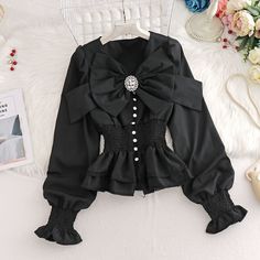 Women's Bowknot Decorated V-neck Puff Sleeves Ruffled Hem Fashion Shirt on Luulla Summer Bow V-neck Top, V-neck Top With Bow For Spring, Spring V-neck Top With Bow, Spring V-neck Top With Bow Detail, Feminine Bow Top For Fall, Fitted V-neck Top With Bow, Fall Puff Sleeve Blouse With Bow, Fall Puff Sleeve Blouse With Bow Detail, Casual Party Tops With Bow