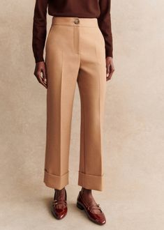 Ankle-length trousers;Turn-up hems;Slant pockets and faux welt pockets with button on back;Defined front and back pleats;Zip and button fastening;Inside leg length 69 cm / 27.2 in (for a 36) Straight Leg Trousers, Trouser Jeans, Parisian Style, Beautiful Outfits, Ankle Length, Work Outfit, Camel, Shopping Outfit, Autumn Fashion