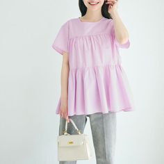 Product Type: Blouses Style: Elegant Fit: Loose Fabric: Cotton Pattern: Check,Solid Element: Ruffle Top Length: Regular Neckline: Crew Neck Sleeve Type: Regular Sleeve Length: Short Sleeve Main Composition: Cotton Season: Summer Kawaii Cotton Short Sleeve Tops, Relaxed Fit Short Sleeve Kawaii T-shirt, Purple Short Sleeve Kawaii T-shirt, Korean Shirt, Casual Pink Ruffled T-shirt, Blue Cotton T-shirt With Ruffles, Textured Dress, Women Long Sleeve Dress, Solid Color Dress