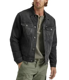 From Wrangler®&#x2C; this denim jacket features:Regular fitSpread pointed collarLong sleevesButton front closureIconic "W" stitching on the two flap chest pocketsLower pocketsBranded hardwareRound hemUnlinedCotton/polyester/spandex denimMachine wash/tumble dryImported. Black Jean Jacket Outfits Men, Black Denim Shirt Men, Black Jean Jacket Outfits, Black Denim Jacket Men, Jean Jacket Outfits Men, Black Denim Jacket Outfit, Sleek Logo, Grey Denim Jacket, Black Jean Jacket