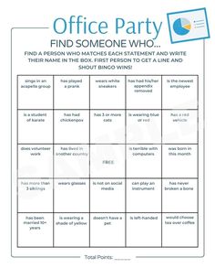 an office party game with the words find someone who