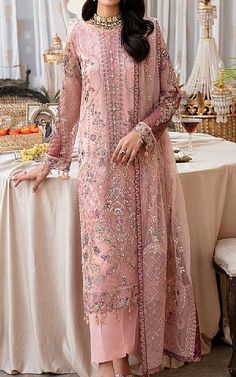 Oriental Pink Net Suit -  Pakistani Chiffon Dresses Festive Sheer Georgette Dresses, Chiffon Dresses With Dupatta, Sheer Dress For Eid Festivities, Sheer Dress For Eid Party, Sheer Dress For Festive Eid Occasion, Sheer Festive Dress For Eid, Pink Chiffon Dress With Intricate Embroidery, Festive Sheer Dresses For Eid, Traditional Sheer Dresses For Eid