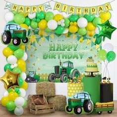 a tractor themed birthday party with balloons and decorations