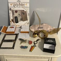 a table with harry potter items on it